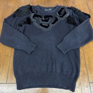 Vintage 1980s Black Sweater Faux Fur Beaded Monochrome Crewneck Women’s M